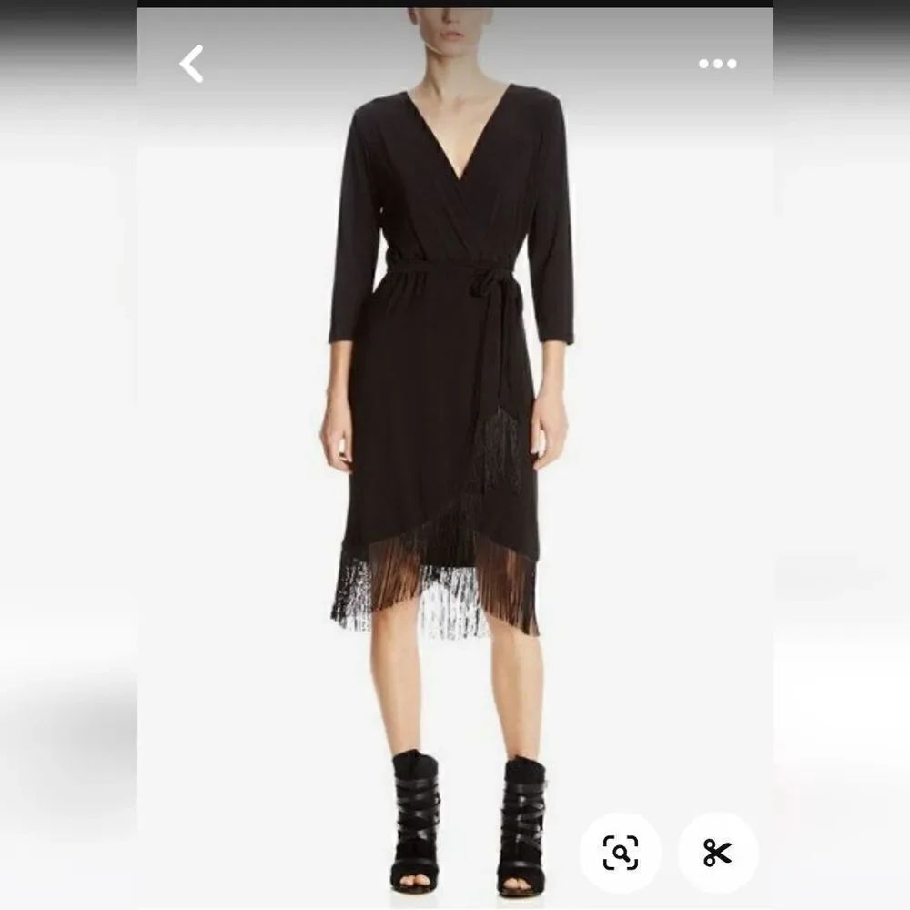 Spense Black Faux Wrap Dress with Fringe Long Sleeves SMALL